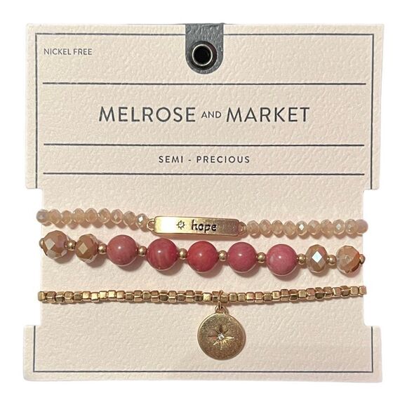 NWT Melrose And Marker Set Of 3 Semi-Precious Pink And Gold Stretch Bracelets - Picture 1 of 2